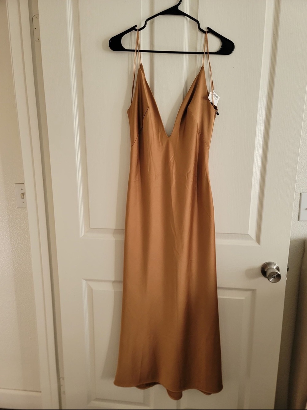Zara Gold Satin Slip Dress - Elegant V-Neck Spaghetti Strap